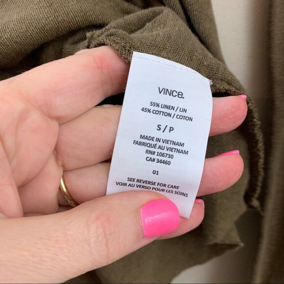 Vince Linen Raw Hem Army Green Long Sleeve Top - Picture 5 of 8